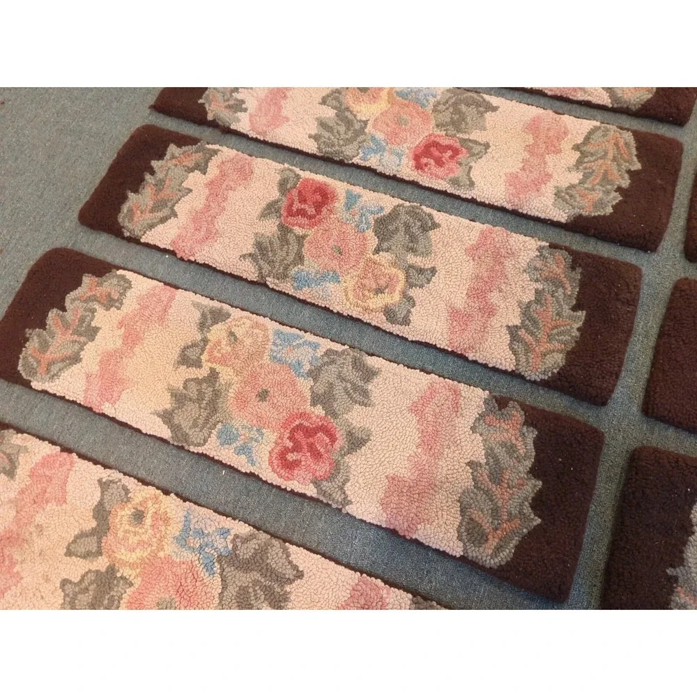 10 Antique Primitive Country Handmade‎ Hook Wool Hooked Stair Treads Floral Rug